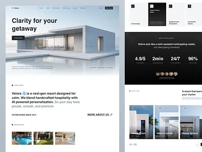 Velora - AI Smart Resort Landing Page ai ai concierge hospitality hospitality tech hotel website landing page luxury resort luxury ui minimal design modern web premium design resort design smart living smart resort travel website ui design ux design vacation rental web design website