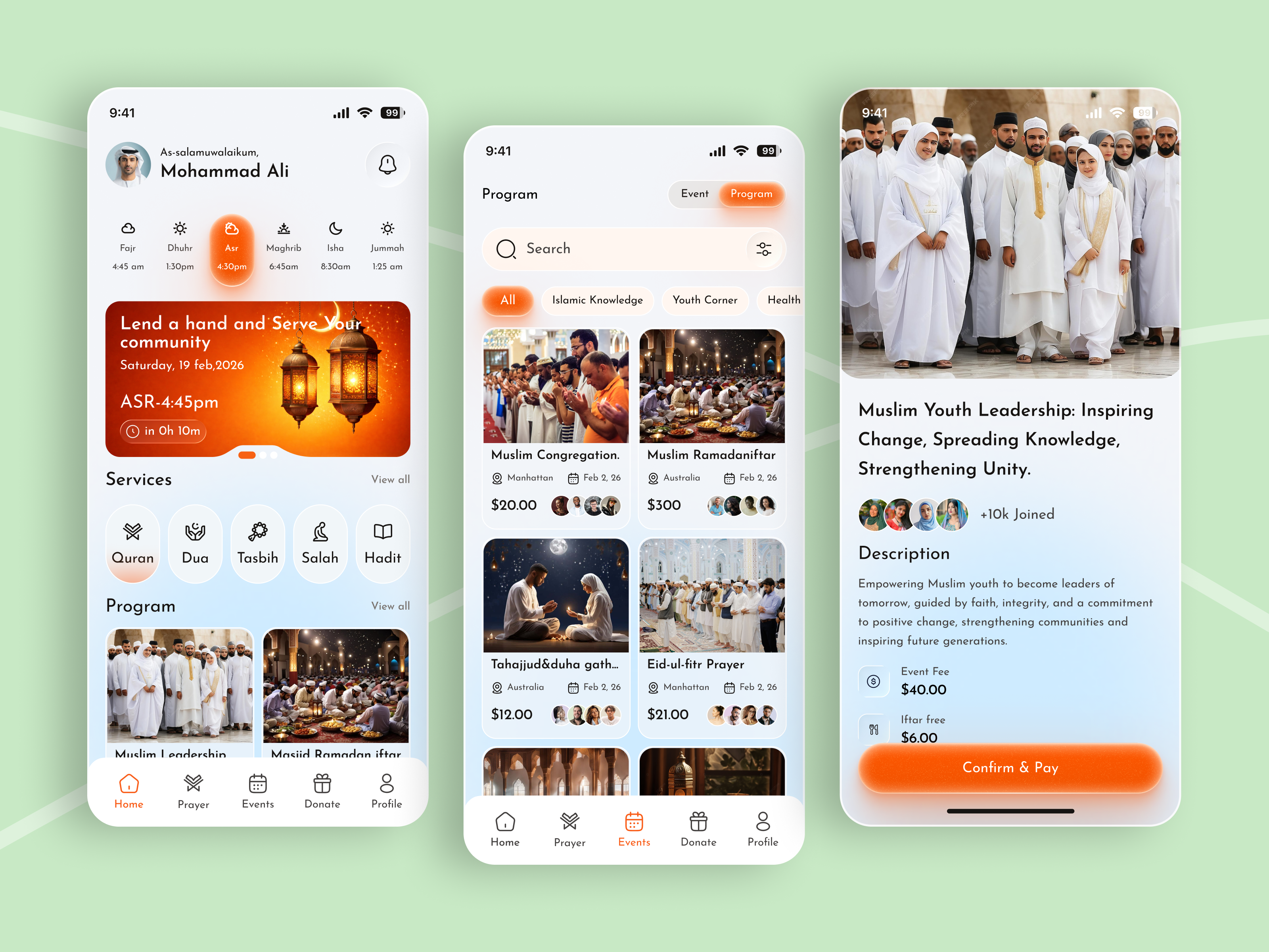 Islamic Community App UI – Prayer, Events & Youth Programs app concept app design clean design community app dashboard ui event booking app fintech donation ios islamic app islamic organization mobile app muslim app prayer app ramadan community ramadan app services app slamic events app spiritual services events app youth leadership app youth program