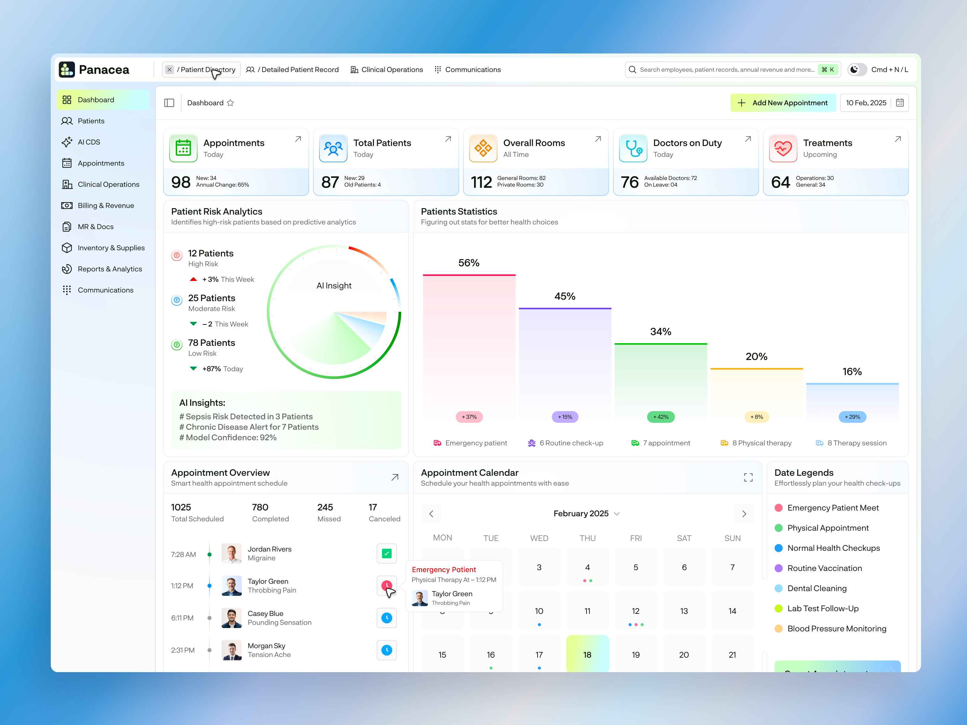 Healthcare Admin Dashboard UI/UX Design — Medical SaaS Web App admin dashboard ai health insights appointment scheduling clinic management dashboard ui data visualization ehr dashboard figma dashboard health management system health tech healthcare dashboard hospital ui medical dashboard medical saas panze studio patient analytics product design saas ui ux design web app