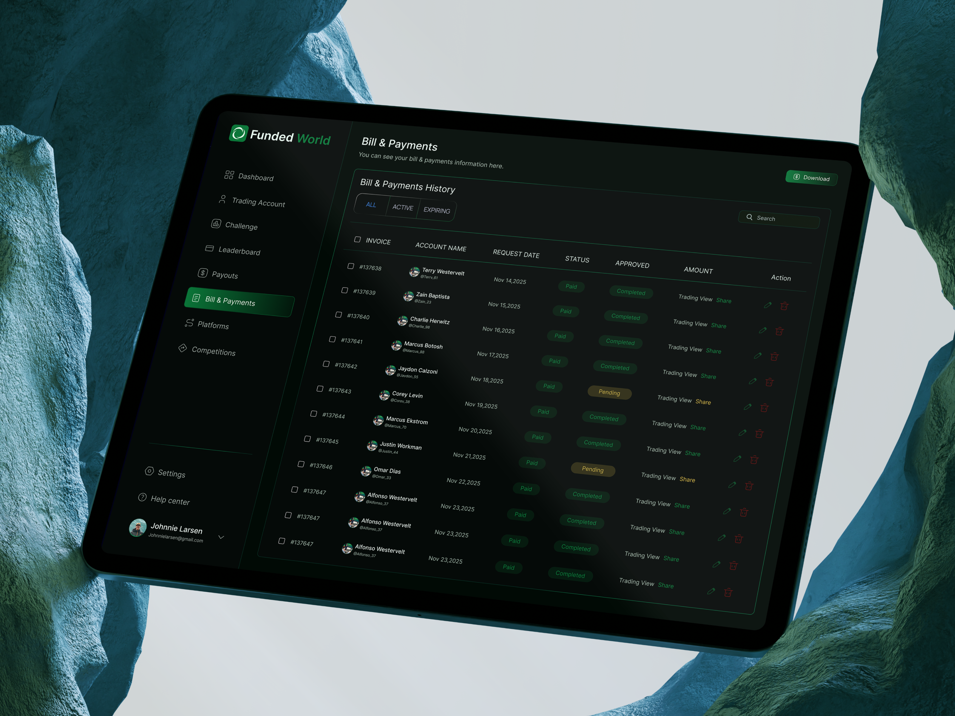 Prop Firm Dashboard — Billing & Payments Screen blockchain crypto dashboard crypto ui dashboard design fintech redesign forex trading forex trading ui funding challenge investment app prop firm dashboard prop firm platform prop trading trading dashboard trading evaluation trading platform trading web app uiux web design web3design webapp design