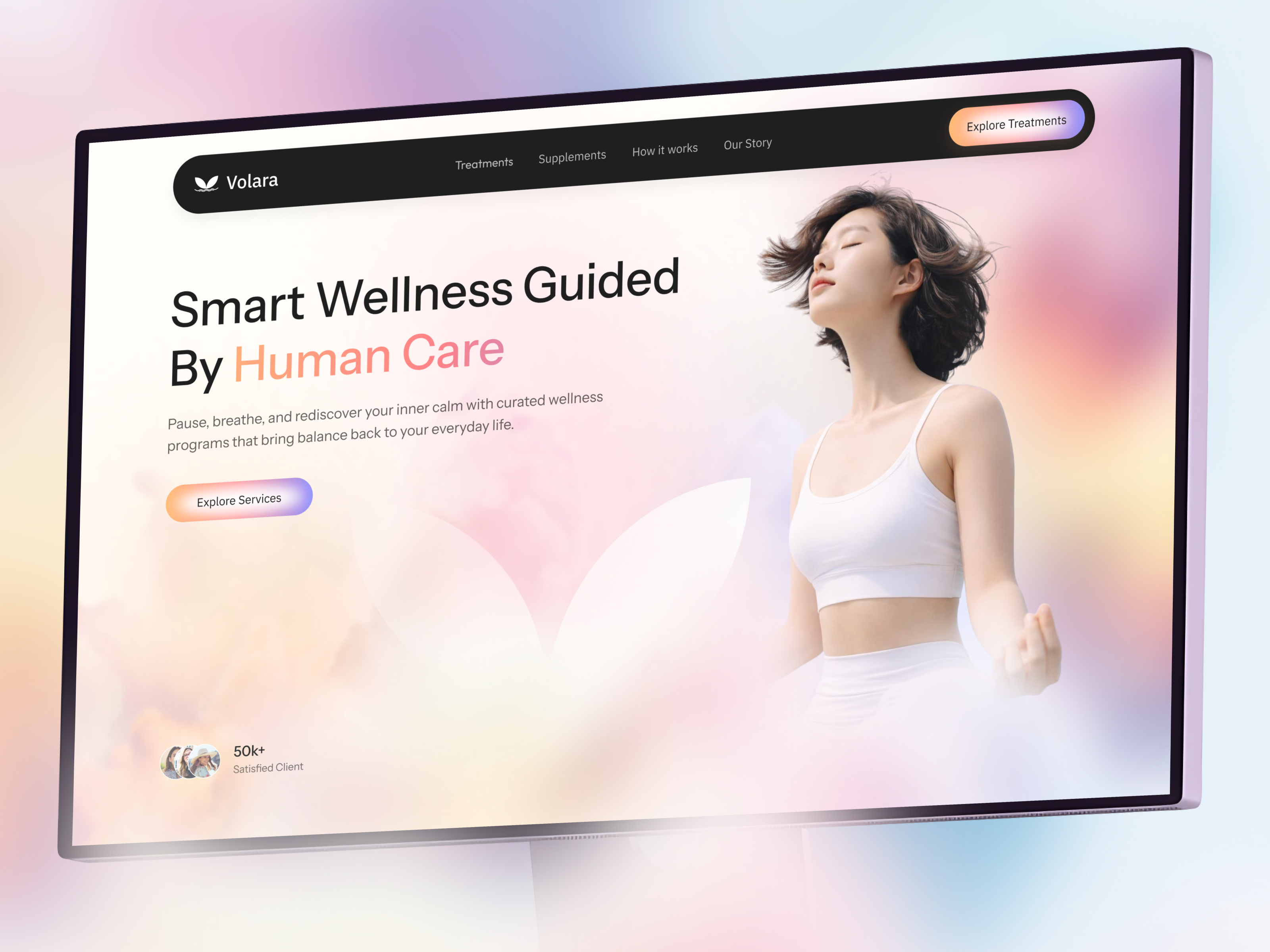 Volara — Smart Wellness Landing Page UI clean ui health website healthcare design hero section landing page lifestyle design mindfulness modern website product design self care startup website ui design ux design web design website ui wellness wellness app wellness website