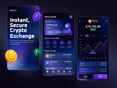 Crypto App UI Design animation crypto app crypto app ui crypto trading app dark mode app dark mode crypto app dark trading app design agency graphic design illustration indian design agency mobile app ui mobile home ui mobile ui motion graphics onboarding app ui onboarding ui trading app ui ux