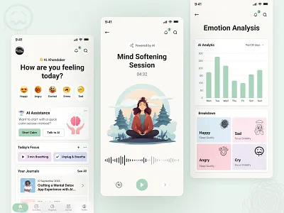 AI-Powered Mental Wellness App UI ai app emotion tracking figma health app ios app meditation app mental health mindfulness mobile app product design ui ui ux wellness app