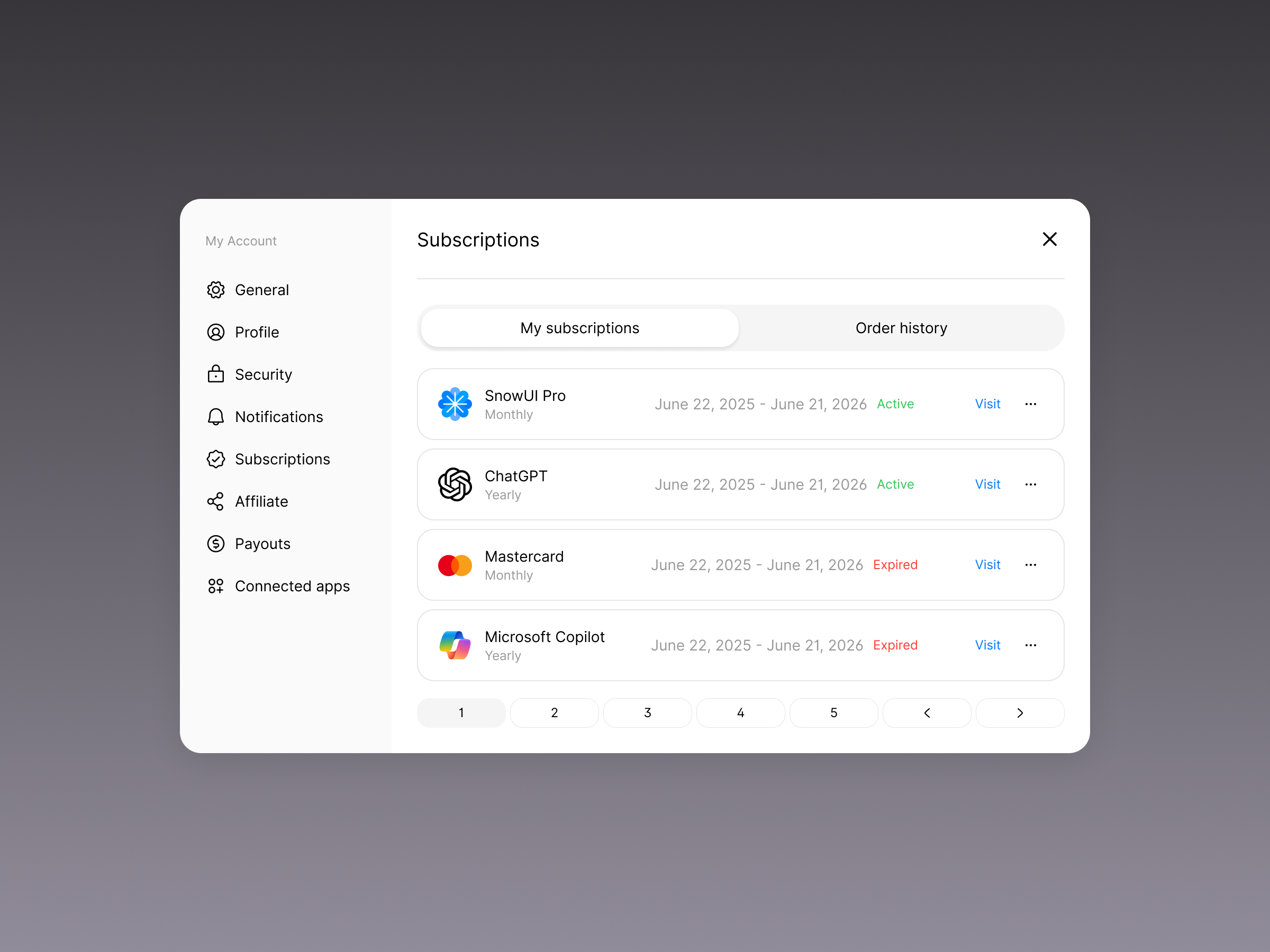 Subscriptions - Made with SnowUI