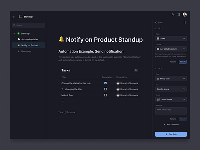 🦾 Stand up dark mode design product design sidebar tasks to do list ui ui design ux ux design web design