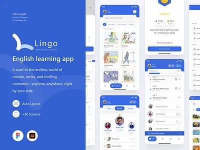 Learning English Application - Lingo appdesign application appui blue english leaderboard learning learning app learningenglish lightmood profile quiz test ui uidesign uiux userpanel