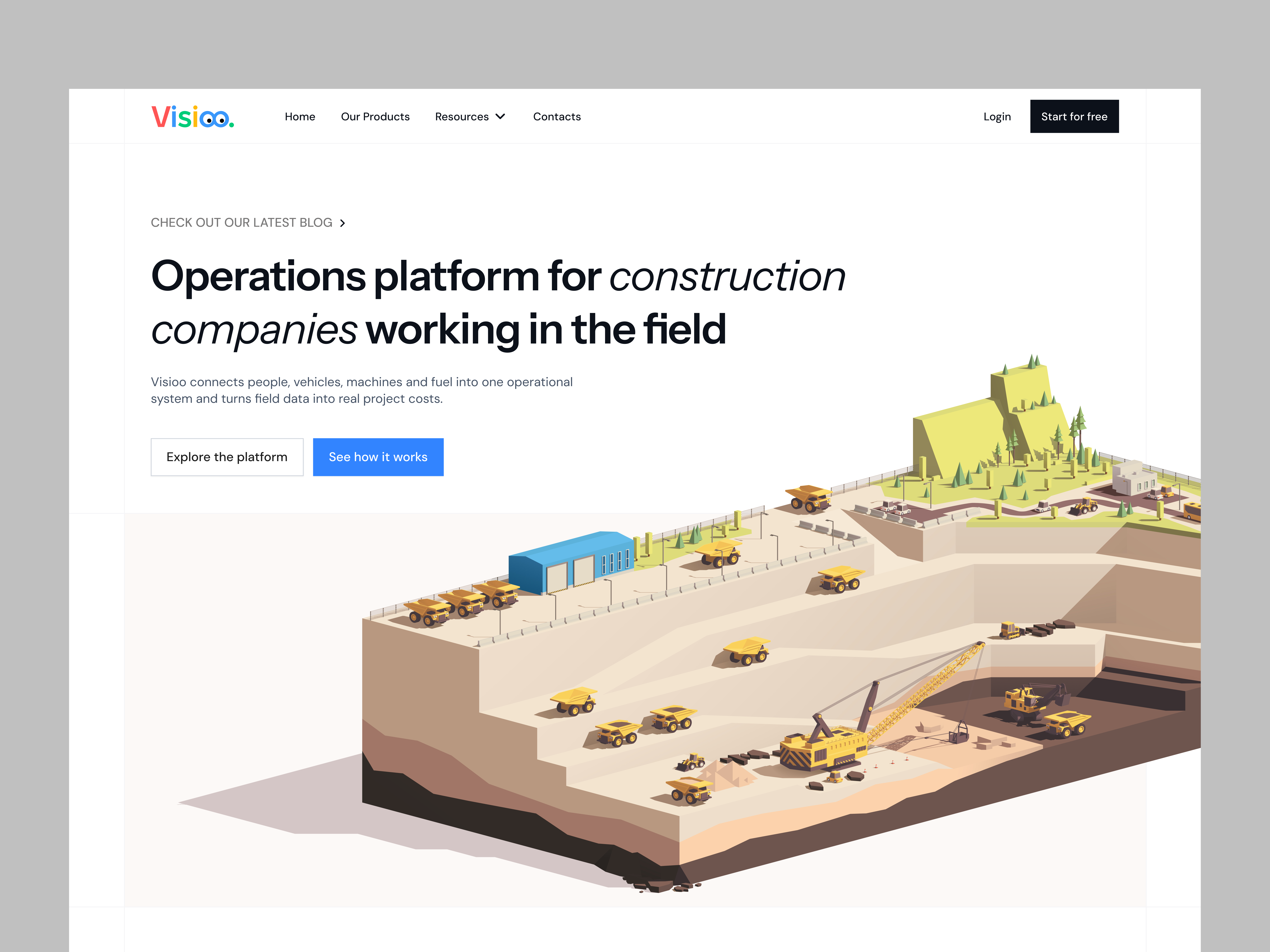 Visioo: Operations Platform for Construction Companies b2b design construction tech design agency digital product hero section interface isometric design landing page design minimal design navigation product design saas design typography ui design uiux user experience ux design web design website inspiration