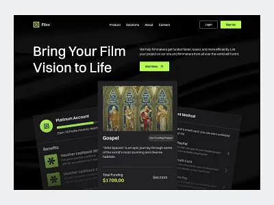 Flixx - Film Funding Hero Section clean crowd funding dark mode film filmmaker funding fundraising kickstarter landing page minimalist product saas ui website website concept