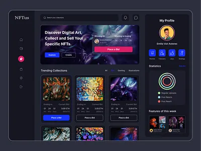 NFT Dashboard Ui Design admin dashboard analytical dashboard app app ui blockchain branding crytocurrency darkmood dashboard design illustration nft nft dashboard product design statistic token ui uiux ux webdesign