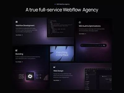 Dark bento service grid for an agency ai animation bento bento boxes bento card bento grid crypto dark fintech landing page lights motion motion graphics saas web 3.0 web design web3 webdesign webflow website