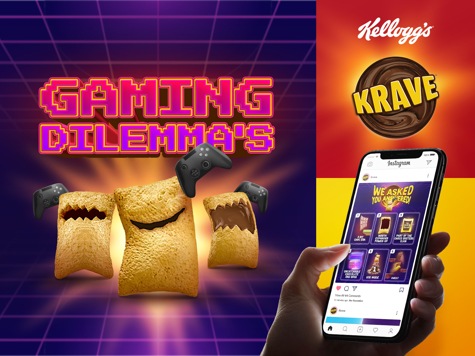 Kellogg's Krave - Gaming Dilemma's Social Media Designs breakfast cereal cereal cereal mascots chocolade chocoladevulling chocolate chocovore chocovores crunchy graphic design kelloggs kelloggs krave cereal. krave mascottes mischievous ontbijtgranen social media designs social posts square shaped mascots trésor