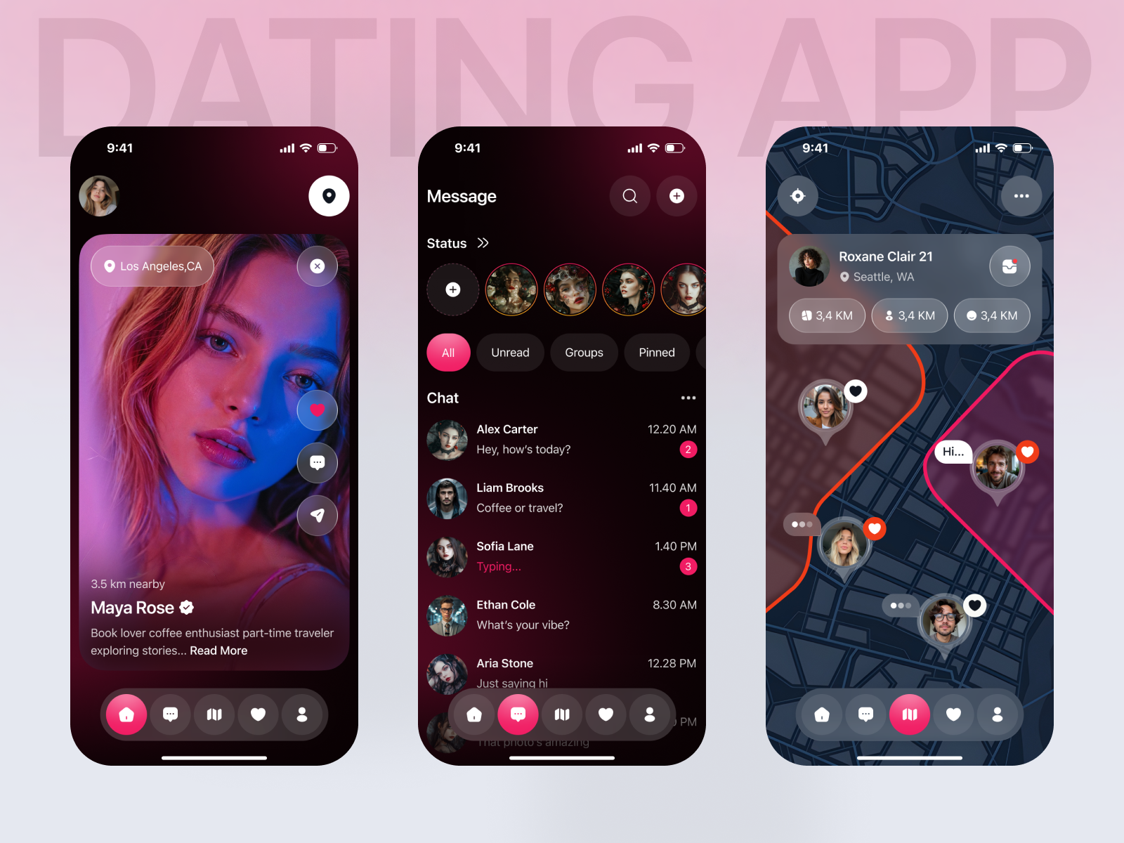 Elegant Dating App Mobile UI app design chat app dating app dating profile love app match finder mobile app mobile app design mobile app ui mobile ui modern app design social media app tinder ui ux