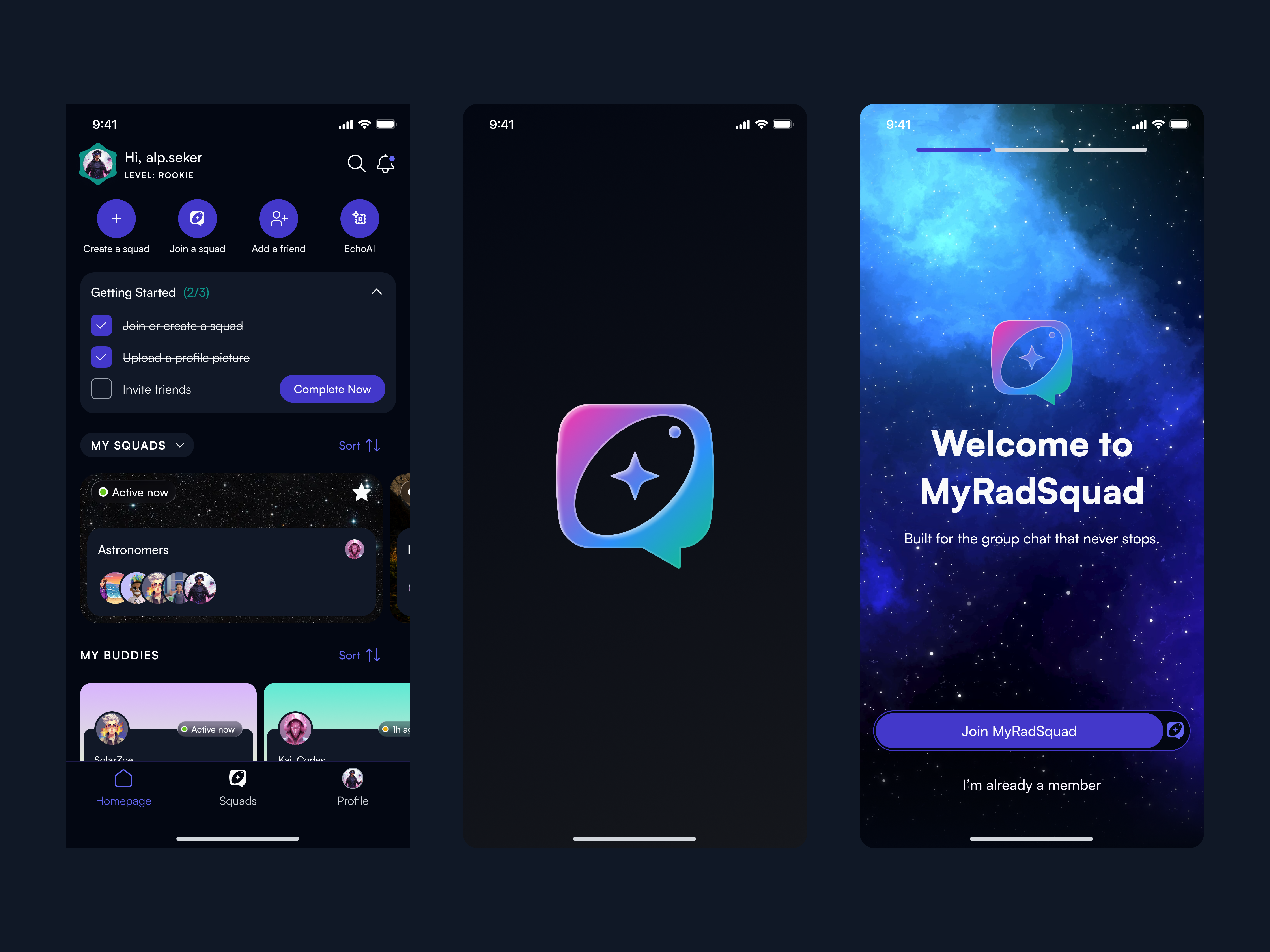 Social Groups Reimagined: Intimate 5-Member Squads + AI branding chat clean ui concept design dark ui design digital generative ai illustration logo onboarding squad ui