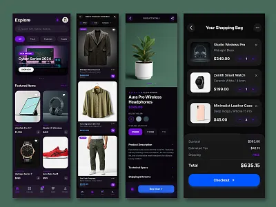 Premium Dark E-Commerce Mobile App UI cartdesign ecommerce mobile app design productdesign startup ui ui ux design