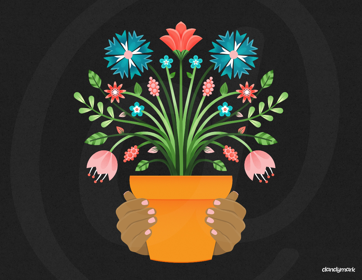 Flourish Flower Pot Illustration artwork blooms botanical bouquet digital illustration floral flowers folk garden graphic design growth hands illustration leaves nature pattern pattern designer surface pattern symmetry vector