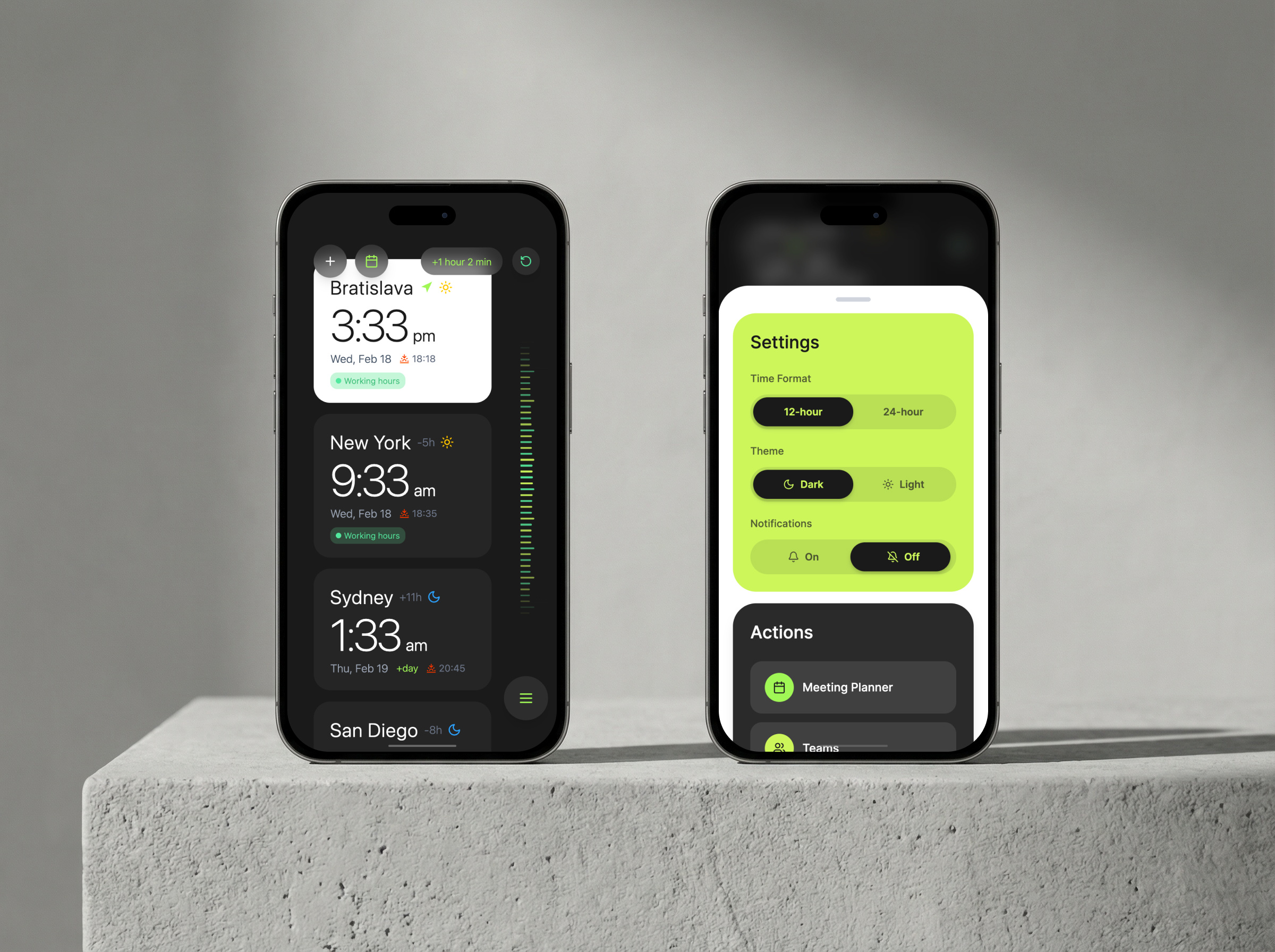 A smart time zone management app app bratislava california dark menu minimal mobile new york scheduler settings smart sydney timezones ui