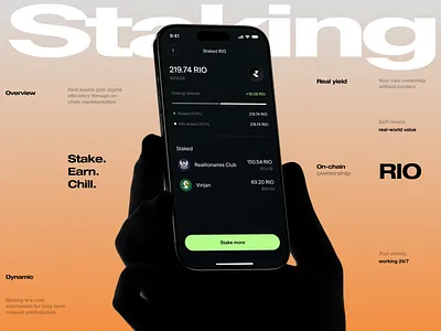 Freehold - Staking chart crypto earn hand layout mockup realio rio stake staking text token wallet yield