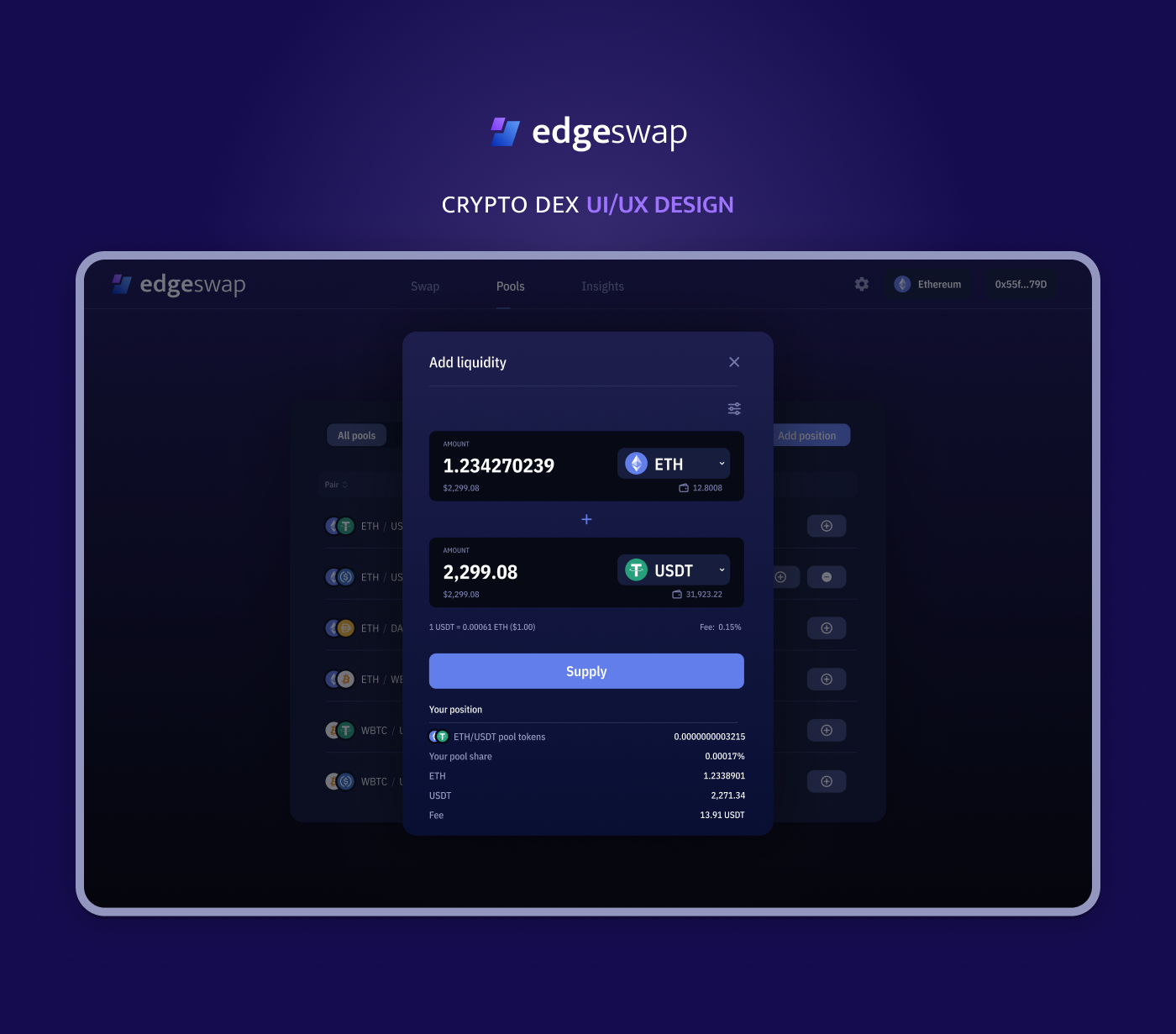 edgeSwap - Crypto DEX UI/UX Design crypto app crypto design crypto exchange crypto exchange design cryptocurrency dark mode dark ui defi app defi design dex app dex design finance fintech trading trading app ux design web app