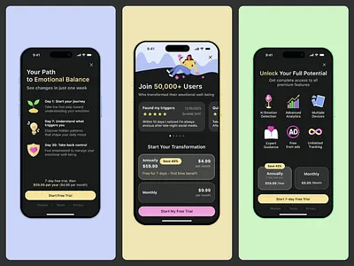 Subscription Paywalls for iOS Mood Tracker App - A/B Test Ready ab testing conversion rate habit tracking healthcare mobile app ios mental health app mobile app monetization mood tracker mvp payment paywall premium pricing page pricing plan product design subscription subscription funnel ui design wellness app