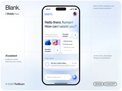Blank AI. Chat GPT-powered AI assistant 3d ai app artificial intelligence branding chat gpt chats history mobile mobile app presets profile prompts ui ux