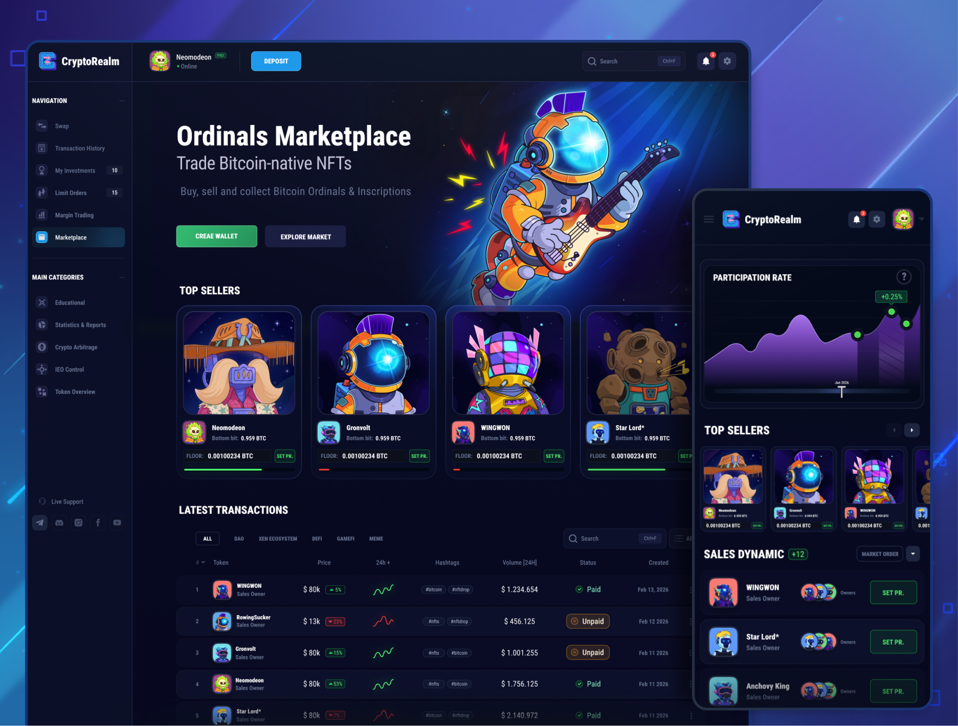 CryptoRealm: NFT Marketplace (Crypto platform) crypto cryptocurrency darkui dashboard nft nftmarketplace saas uidesign uxdesign web3