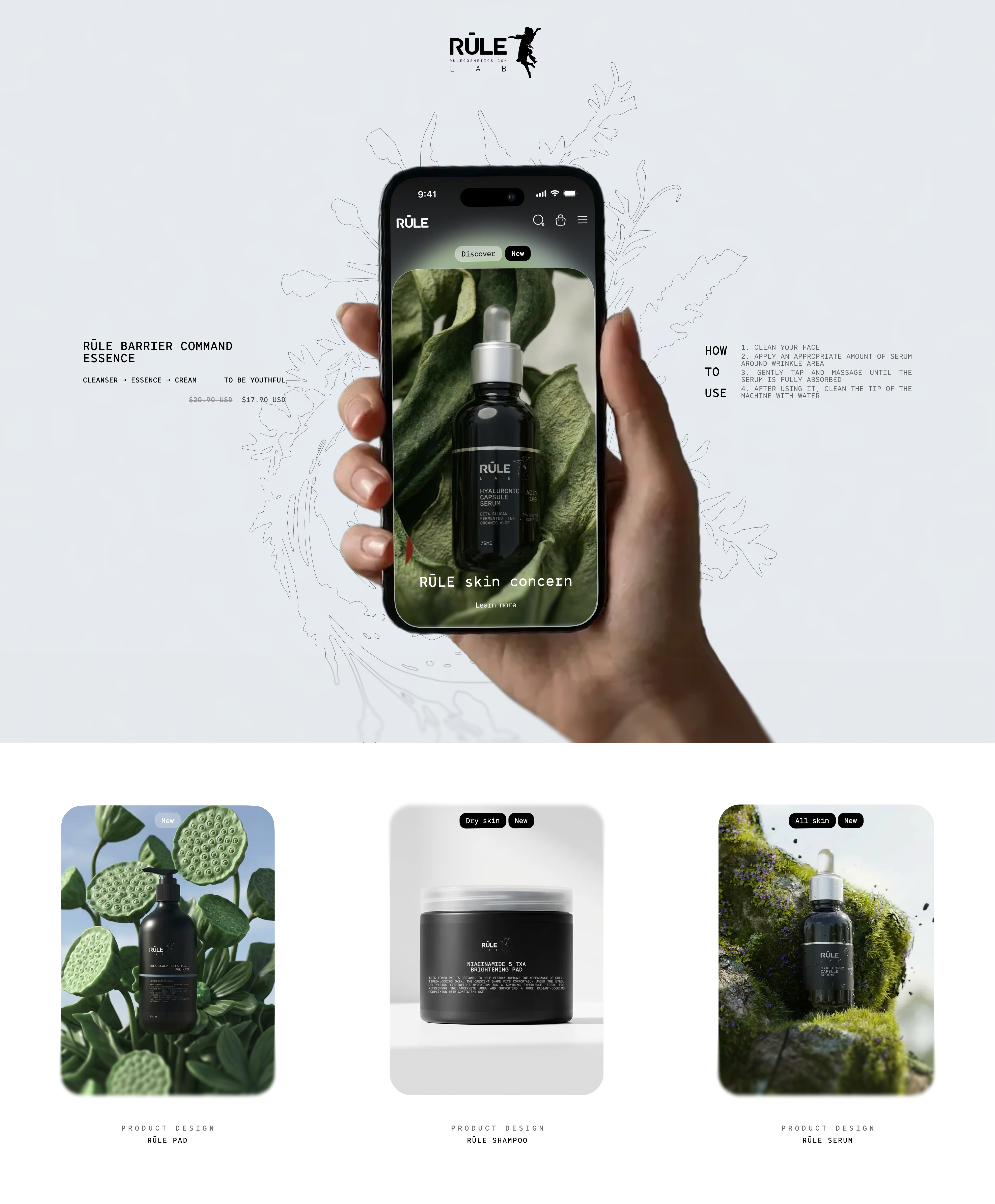 RULE Lab | cosmetic identity app 3d branding cosmetic graphic design logo mobile product design ui