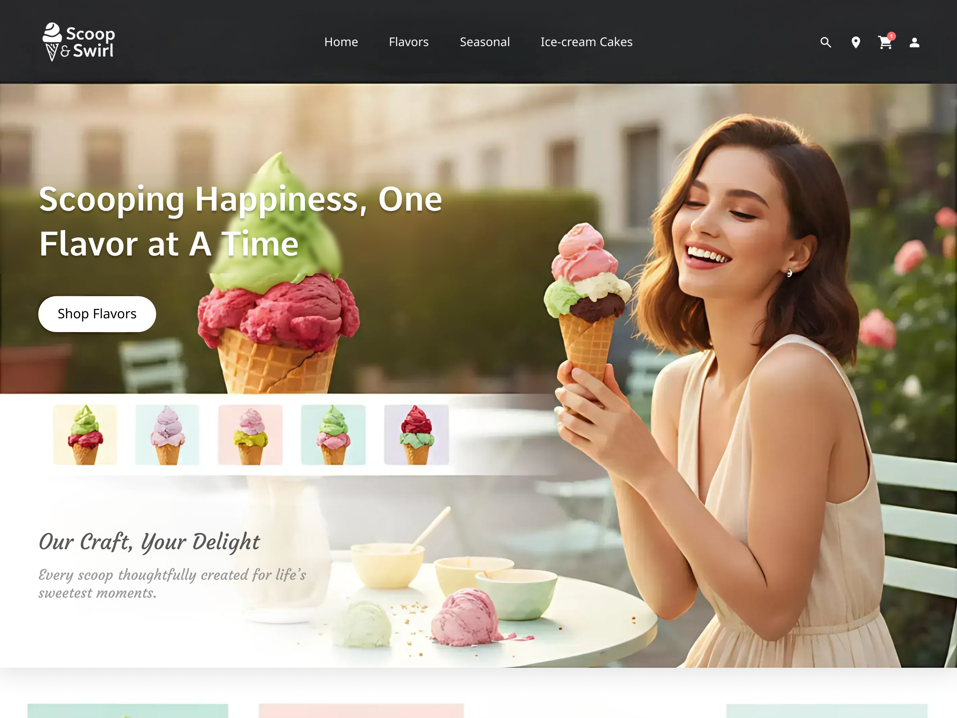 Scoop & Swirl – Artisan Ice Cream Website UI branding dessert brand ecommerce ui food ecommerce food website design ice cream website landing page design modern web design product showcase restaurant website ui design web ui