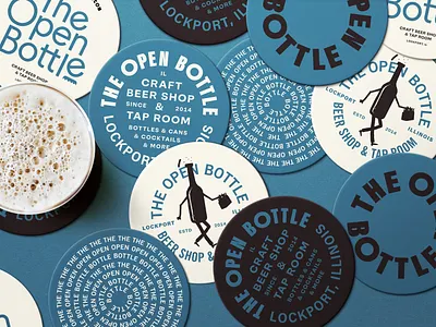 The Open Bottle badge bar beer blue bottle branding brewery brewing chicago coasters craft beer illustration logo mascot open open bottle shop typography