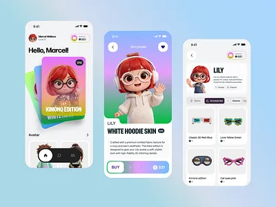 3D Avatar Skins Marketplace 3d characters avatars mobile app character marketplace clean app ui design colorful cute characters digital collectibles gamified app gamified marketplace mobile app design mobile marketplace