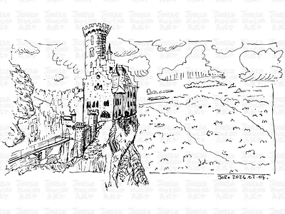 Lichtenstein Castle, Germany. architectural sketch architecture drawing european history fairytale castle fine line drawing german landmarks germany gothic revival architecture hand drawn castle honau ink drawing landscape lichtenstein castle medieval fortress minimalist line art romanticism art swabian jura travel illustration vintage castle art