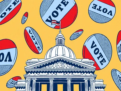 Vote! - Indianapolis Statehouse architecture building button campaign cartoon comic design drawing flag government graphic design halftone house indiana political politics state vote voting yellow