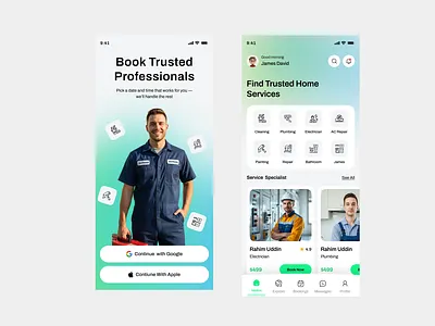 Home Services Mobile App Design app app design app ui ux book a service book service dashboard delivery electrician home services mechanic mobile app order home services plumber roofing service booking ui ux