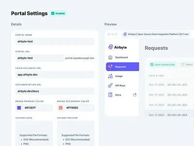 Speakeasy Portal Settings api b2b color picker customization customize dev flat form input light mode saas settings speakeasy theme ui upload ux web app