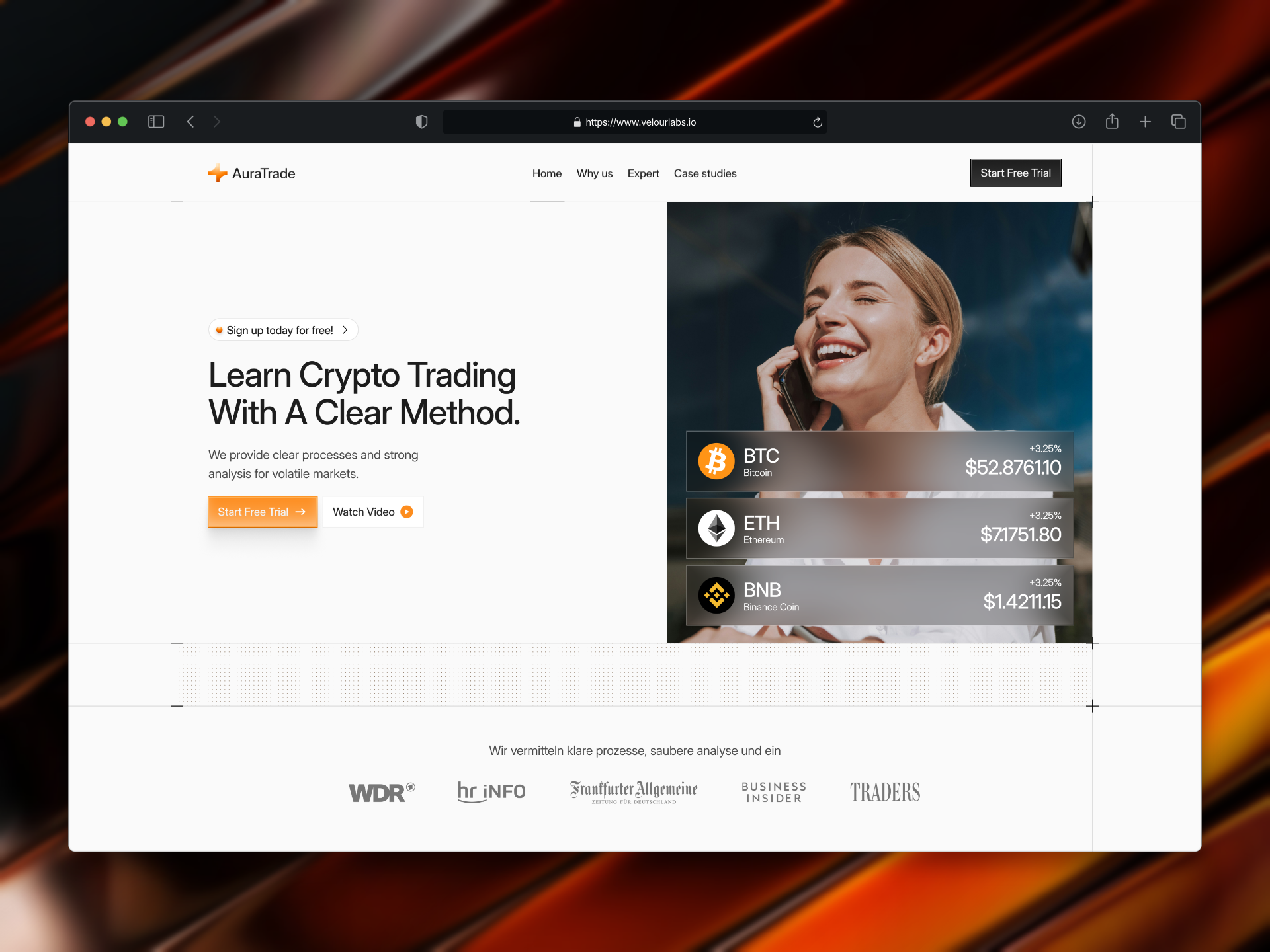 Crypto Coaching – Hero Exploration blockchain branding coaching corporate landing page light landing page light mode light website orange website trading coaching trading website trust website ui ux web3