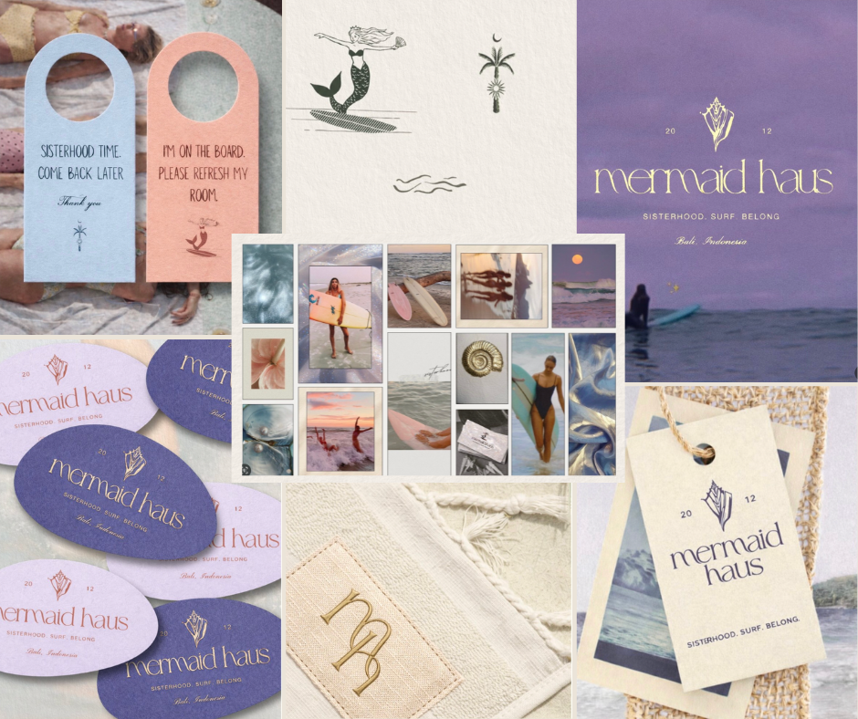 Mermaid Haus Surf Lodge branding business card hotel branding illustration logo logo design mermaid mood board short term rental surf lodge typography vacation rental branding