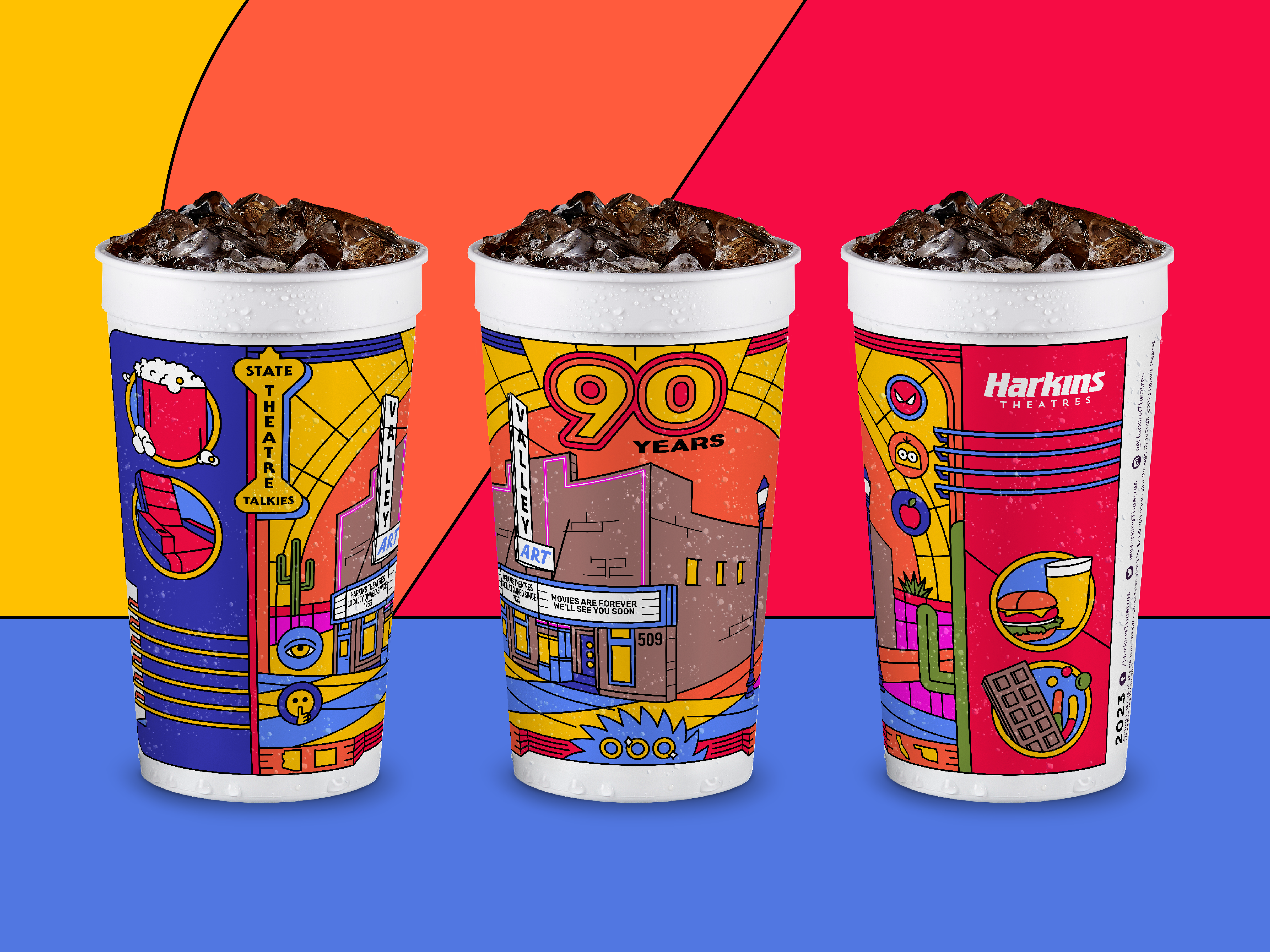 Harkins Theatres 90th Anniversary Loyalty Cup 3d animation apple arizona beer branding burger cactus chocolate food illustration minions movies packaging popcorn snacks soda sonic spiderman sun