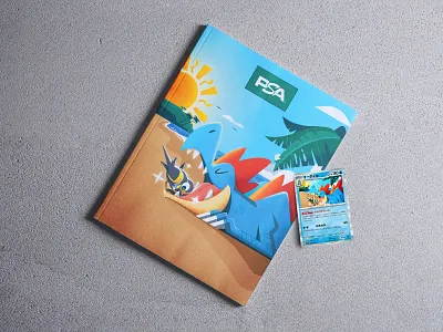 PSA Magazine: Pokémon Worlds Cover alligator beach bird card clouds collectors crocodile hawaii illustration limited edition magazine ocean palm tree pokemon sparkle star sun teeth trading cards treasure