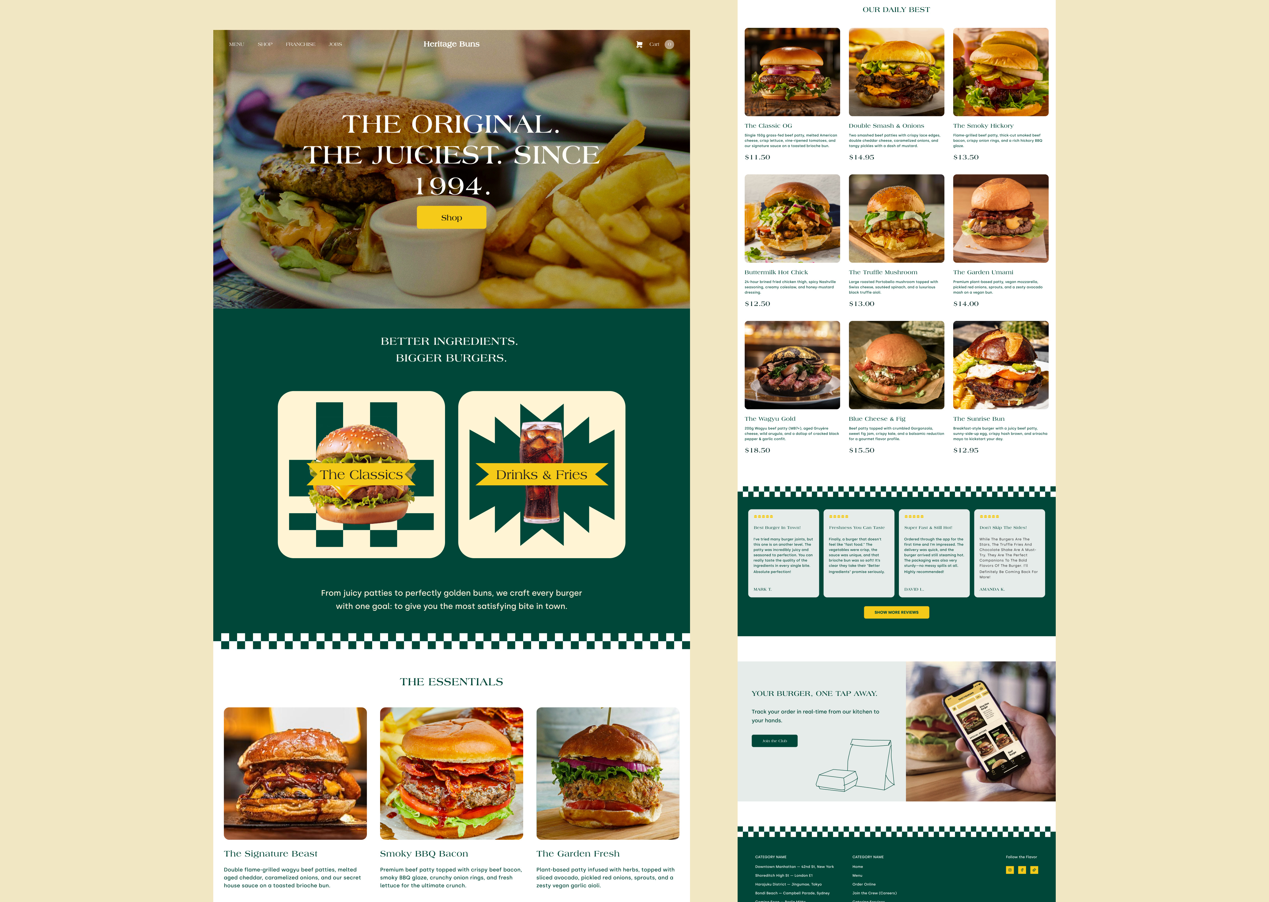 The Heritage Buns — Retro Burger Landing Page appetizing beef bright burger business cheeseburger culinary design fast food food green grilled hamburger landingpage lunch meat restaurant retro website yellow