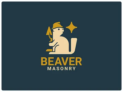 BEAVER MASONRY LOGO animal beaver brick build builder cartoon cement character chipmunk construction design firm helmet logo mascot masonry trowel wood worker yellow