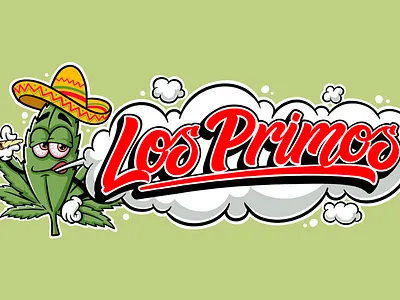 Los Primos cannabis cartoon character cloud graffiti leaf lettering logo design merch thc weed