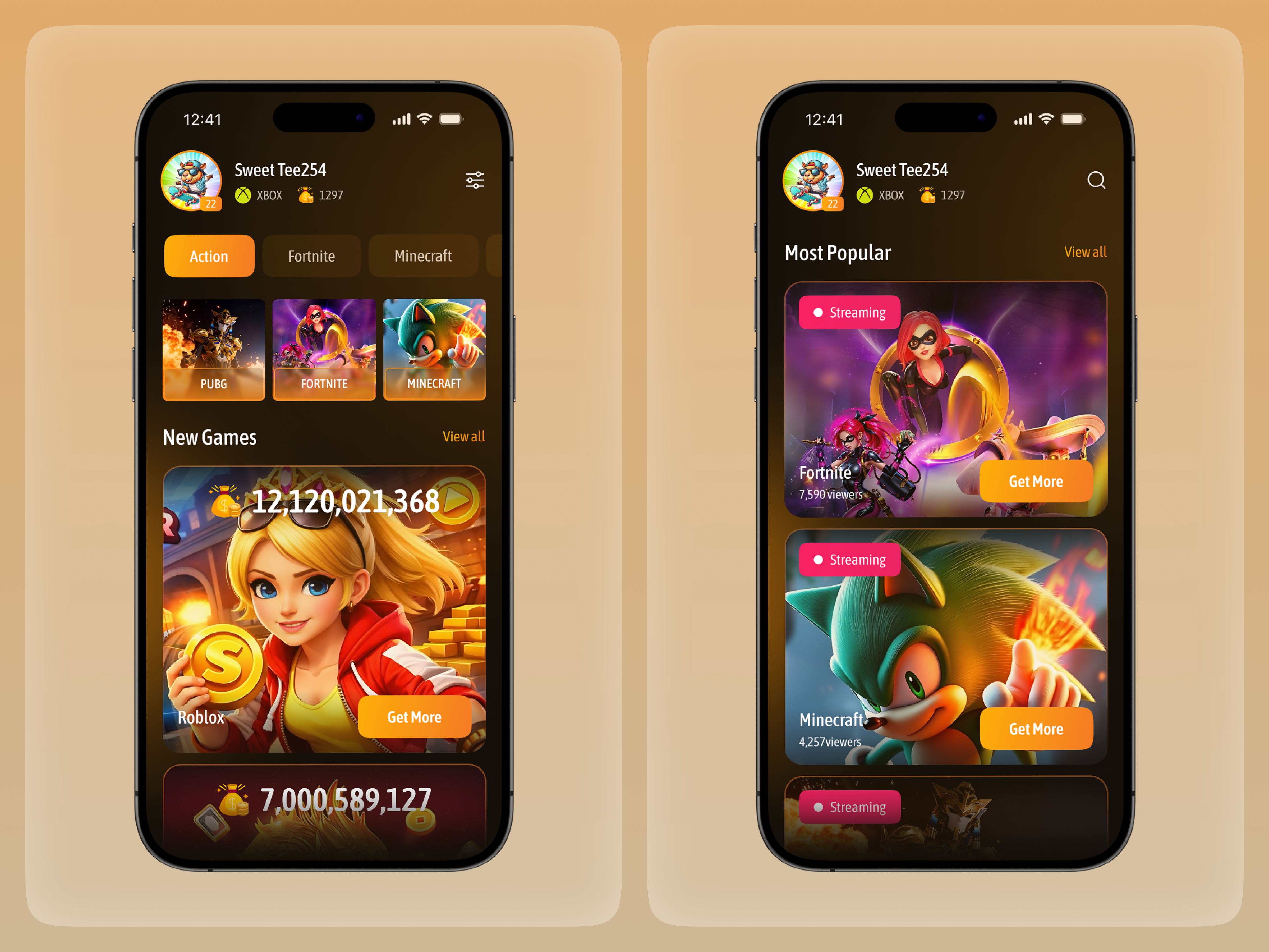 Live Game Streaming App UI action games app interface app ui dashborad ui game game streaming gaming app gaming ui live streaming live video app mobile mobile app mobile app design mobile ui modern ui streaming platform streaming ui uiux video game app