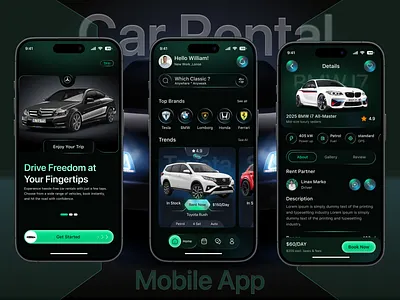 Car Rental Mobile App UI Design app design app interface automotive app booking app car booking app car marketplace car rental app dark theme ui ios app design mobie app design mobile app mobile app design mobile app ui mobile ui design mobility app modern app design rent a car transportation app travel app design vehicle rental