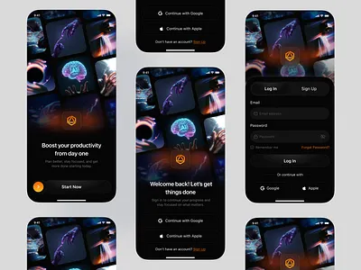 AI Productivity Assistant App Design account ai ai app design ai productivity ai saas artificial intelligence create account log in onboarding product design productivity productivity app productivity tool register signup smart assistant smart suggestions task manager uiux workflow planner