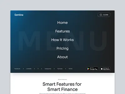 Sentina — Navigation Menu UI banking branding clean design design features finance financial fintech landing page minimal navigation menu online banking online payment ui uidesign uiux ux uxdesign web design website