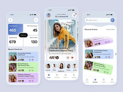 Modern Event Booking & Tracking App UI UX app design event analytics ui event app event booking event management find event mobile app ticket booking app travel app travel booking ui ux venue booking