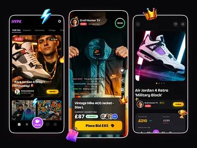 HYPE - Live Streetwear Marketplace App 3d stickers app design dark theme e commerce genz live bid live shopping livecommerce marketplace mobile online auction streetwear