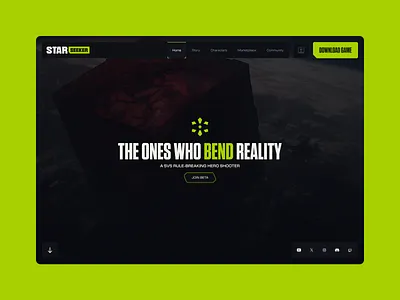 Star Seeker — 5v5 Hero Shooter Game Landing Page UI/UX Design acid green cyberpunk ui dark ui esports figma game design game interface game landing page game ui game website gaming ui gaming website hero shooter landing page product design shooter game ui design ux design valorant web design