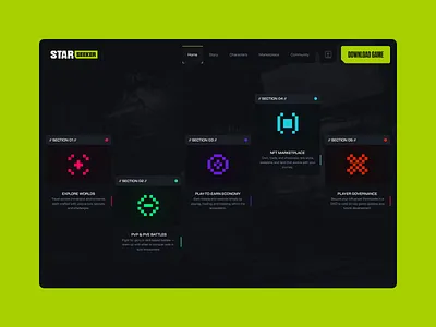 Star Seeker — Web3 Hero Shooter Game Features Section UI/UX acid green blockchain game dao dark ui esports figma game design game interface game landing page game website gaming ui landing page nft play to earn product design ui design ux design web design web3 web3 design