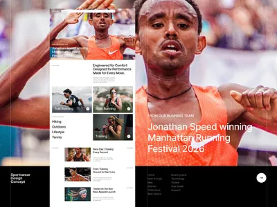 Running Apparel Website — Editorial Blog & Commerce Experience articles blog bold branding clean commerce design editorial graphic design layout magazine running shopping sports story trail typography ui website whitespace