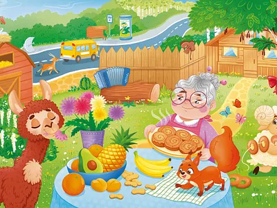 Sunny day alpaca animal book illustration character character design children book children illustration fruits garden granny illustration lama picture book sheep squirrel